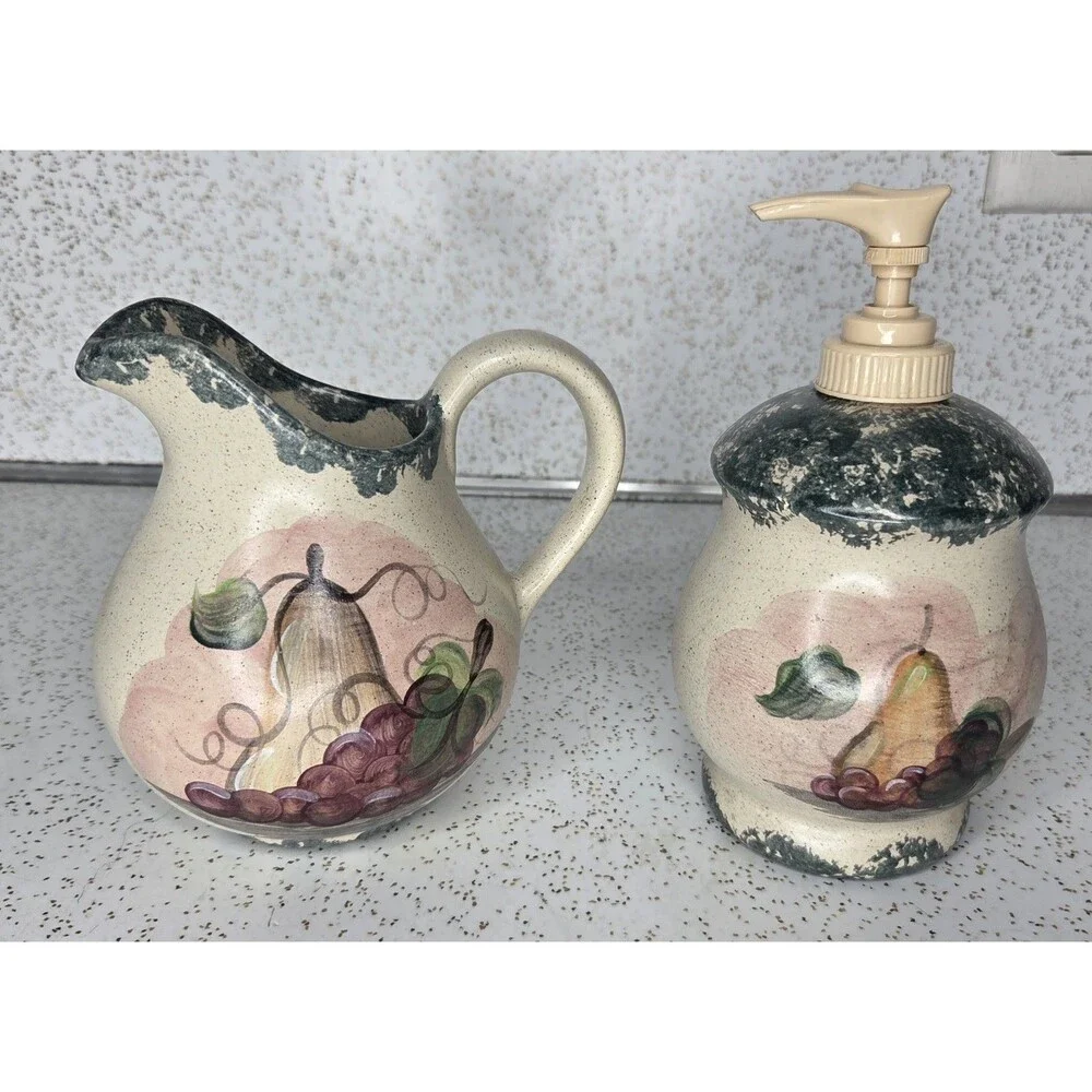 Country Crafts Pottery Spongeware Pear & Grapes Plate Pitcher Soap Dispenser Set